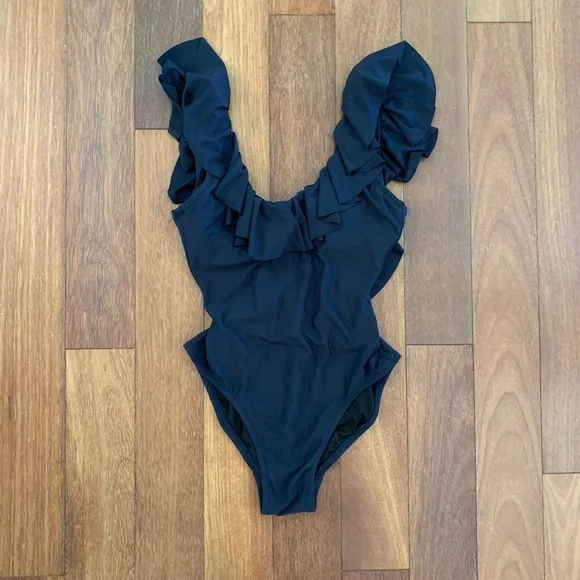 J. Crew Ruffle Scoopback One Piece Swimsuit Navy 0 - Picture 3 of 5
